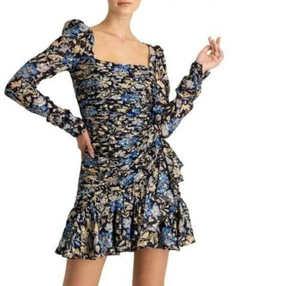 NWOT Monique Lhuillier Floral Chiffon Flounce Long Sleeve Dress Size 6 - Picture 1 of 15